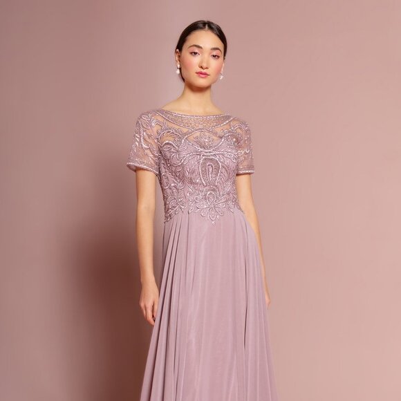 NEW LONG CHIFFON A-LINE DRESS WITH CAP SLEEVES EMBROIDERED WITH LACE GL2683 - Picture 7 of 13